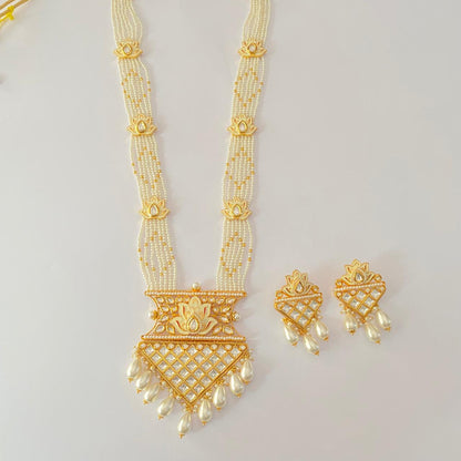 polki Gold plated pearl string long necklace Set