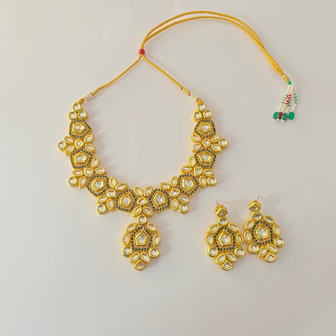 polki Gold plated with green shades necklace set