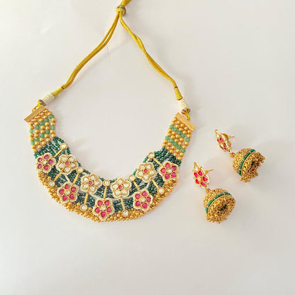 Polki Ruby Emerald Golden Beads Floral Necklace Set