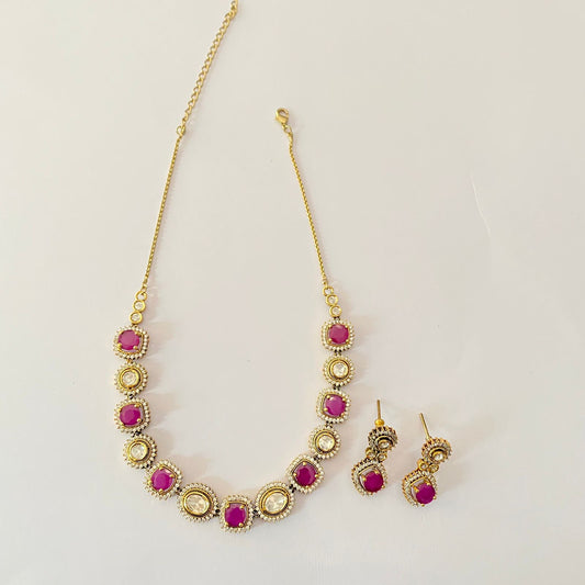 Antique Ruby Kundan Sleek Necklace Set