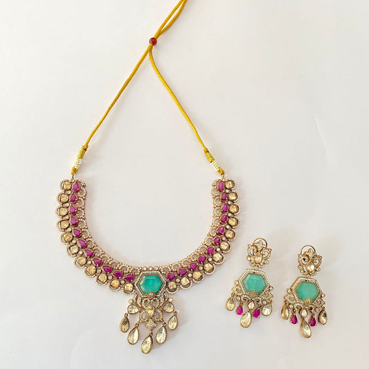 Moissanite Mint Green Pink Necklace Set