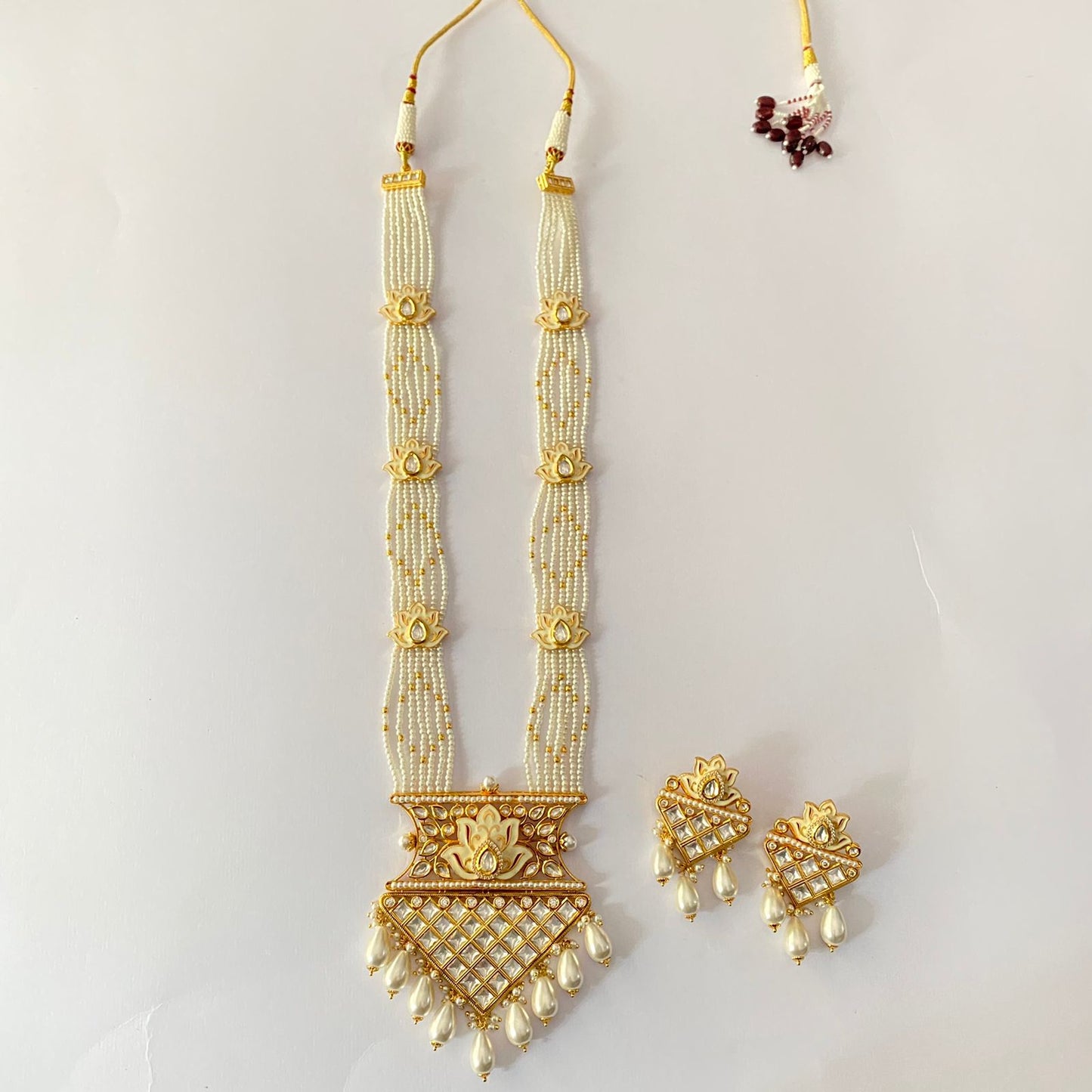 polki Gold plated pearl string long necklace Set