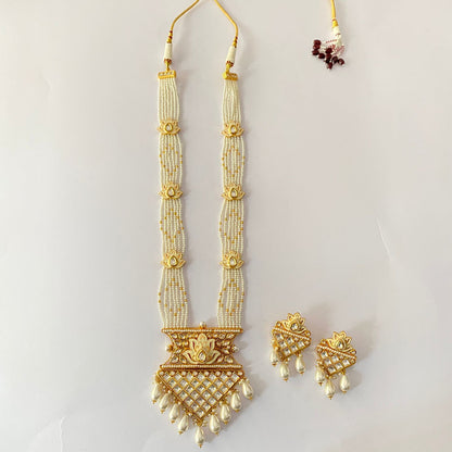 polki Gold plated pearl string long necklace Set