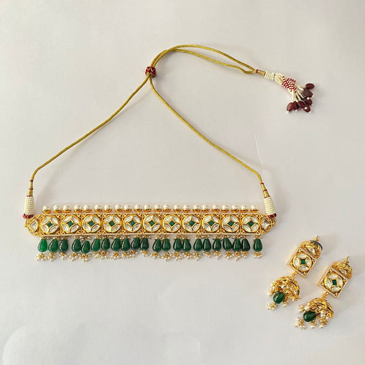 Gold Plated Real Look Kundan Green Choker Set
