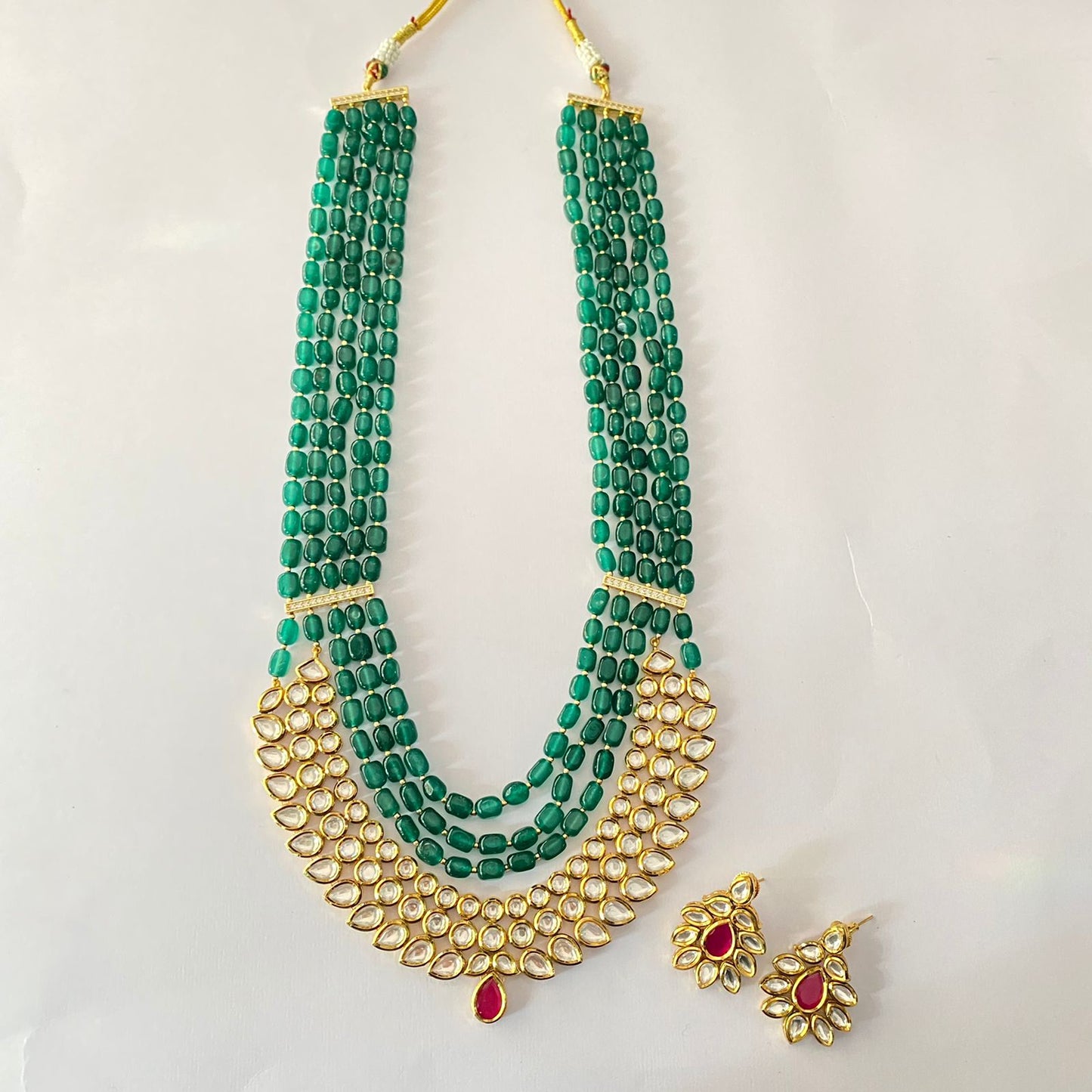 Green Stone Gold Plated Kundan Long Necklace Set