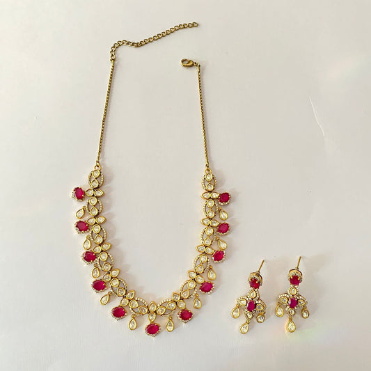 Antique Kundan Moissanite Ruby Sleek Necklace Set