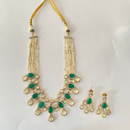 Kundan Green White Beads Antique Double Line Necklace Set