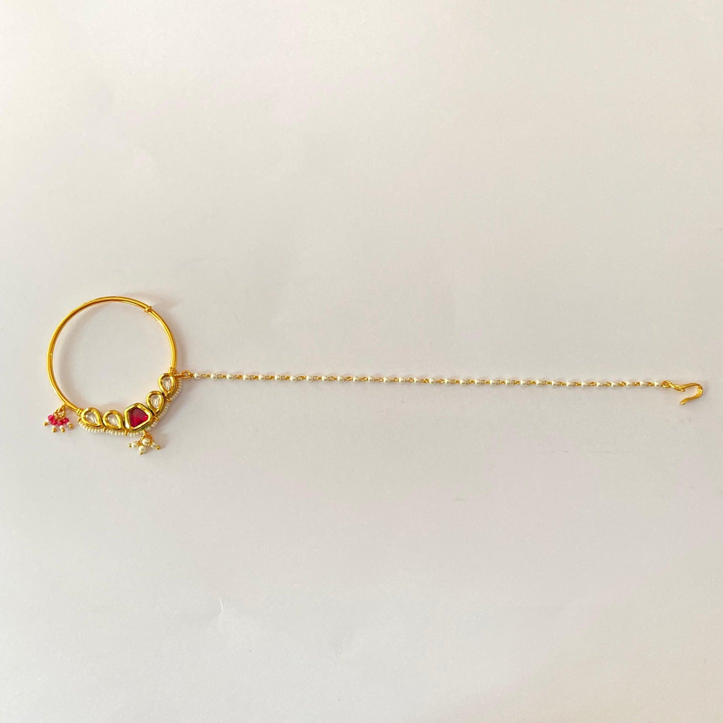 Ruby Kundan Pearl Chain Nath