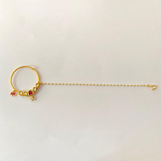 Ruby Kundan Pearl Chain Nath