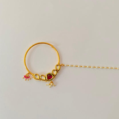 Ruby Kundan Pearl Chain Nath