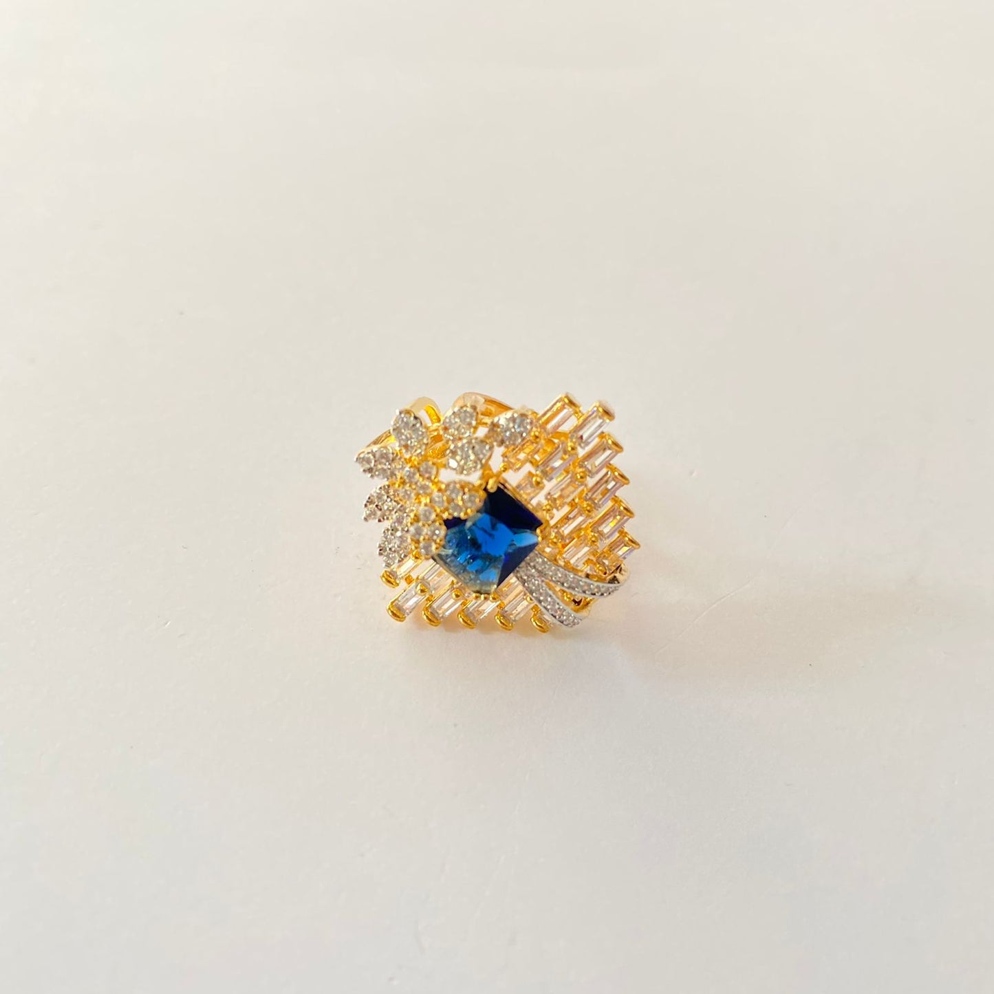 Floral Gold Plated A.D Blue Stone Studded Ring