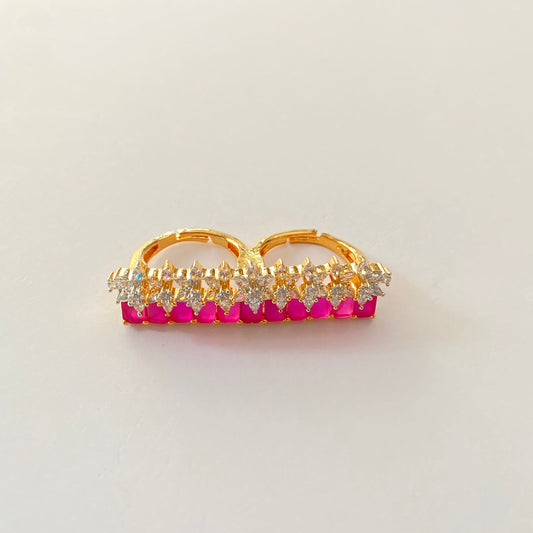 Pink Stone Gold Plated Double Finger Ring