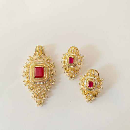 Gold Plated Ruby Diamond Pendant Set