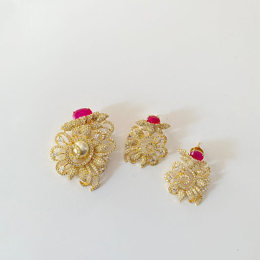 Gold Plated Diamond Ruby Pearl Pendant Set