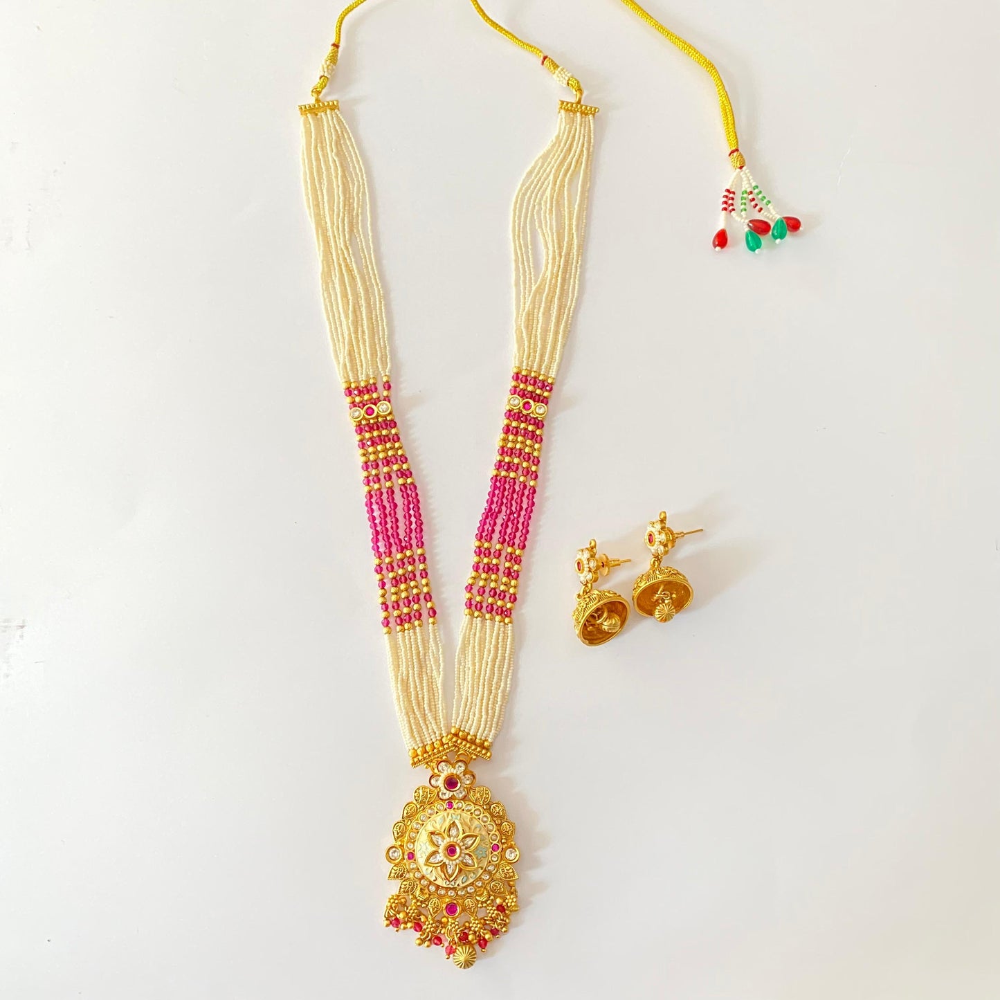 Antique Ruby and White Pearl Long Necklace Set