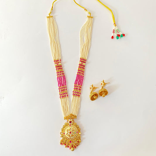 Antique Ruby and White Pearl Long Necklace Set