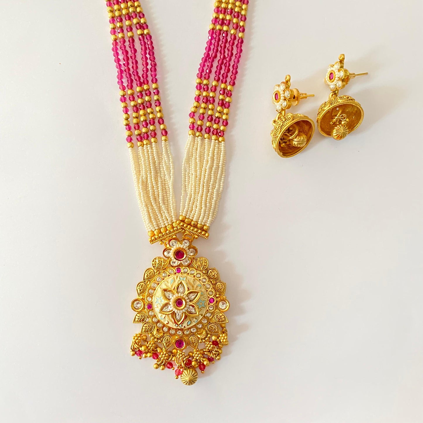 Antique Ruby and White Pearl Long Necklace Set