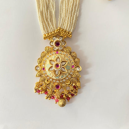 Antique Ruby and White Pearl Long Necklace Set