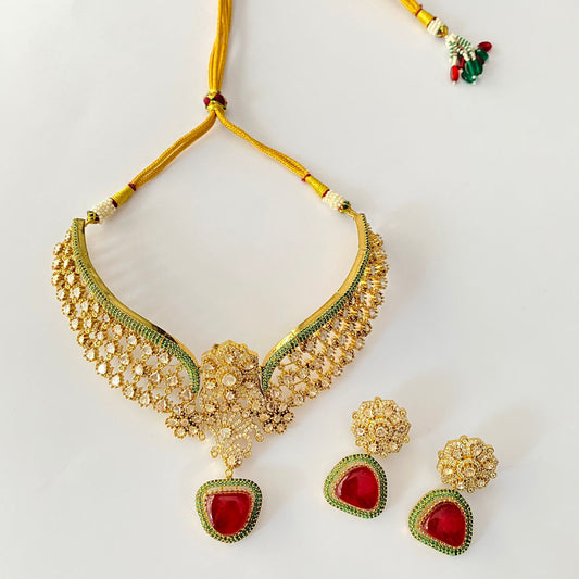 Antique Gold Kundan Ruby Necklace Set