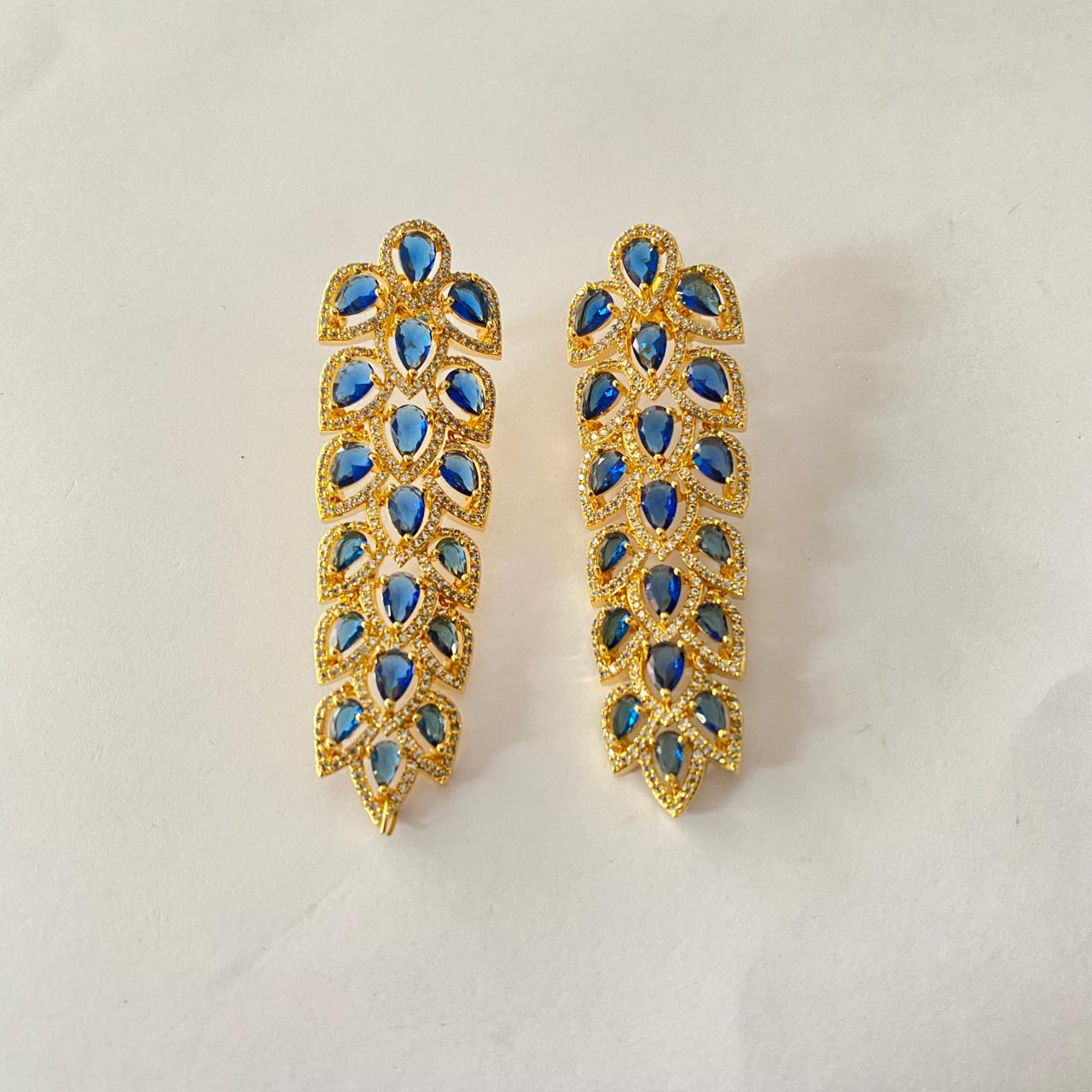 Blue Stone Gold Plated Long Hanging Earring