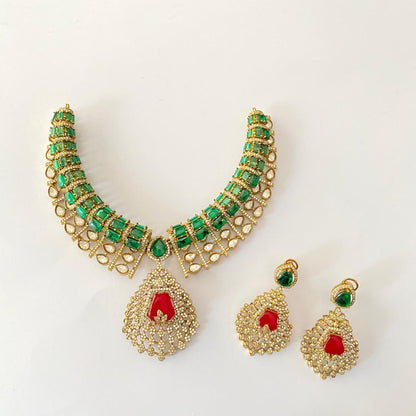 Emerald with Ruby Antique Gold Plated Necklace Set