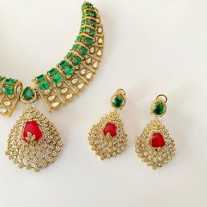 Emerald with Ruby Antique Gold Plated Necklace Set