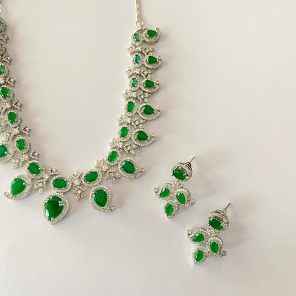 Emerald Silver Plated Statement Necklace Set