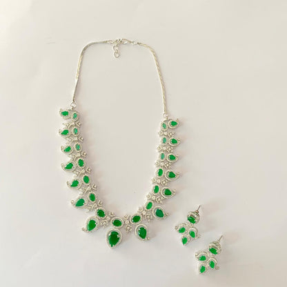 Emerald Silver Plated Statement Necklace Set