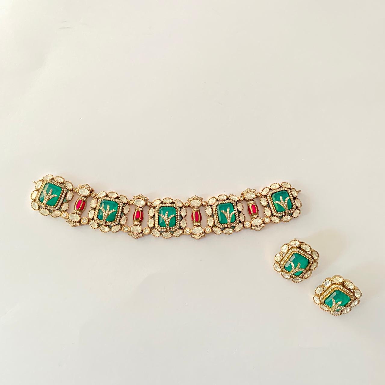 Emerald & Ruby Antique Gold Plated Chokar Set
