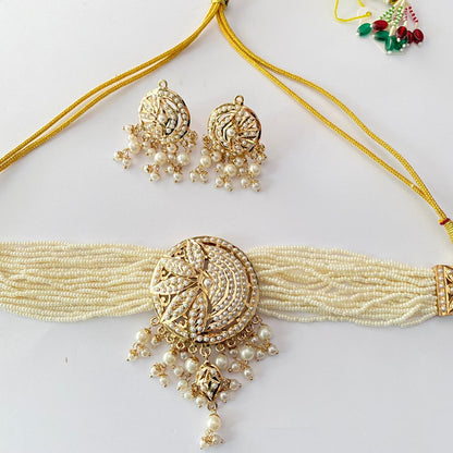 Jadau with White Beads Chokar Set