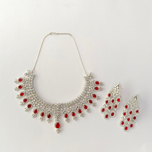 Silver Plated Diamond Ruby Necklace Set