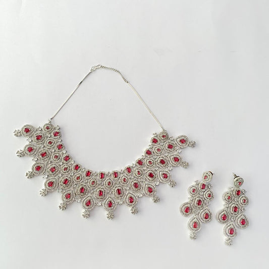 Silver Plated Ruby Diamond Necklace Set