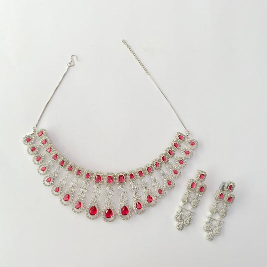 Ruby Silver Plated Diamond Necklace Set
