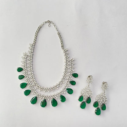 Emerald Silver Plated Layer Necklace Set