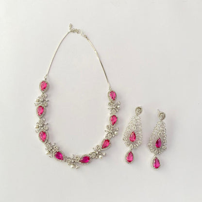 Silver Plated Pearl pink Diamond Necklace Set
