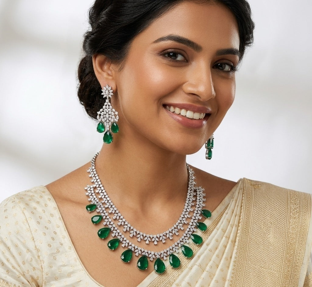 Emerald Silver Plated Layer Necklace Set