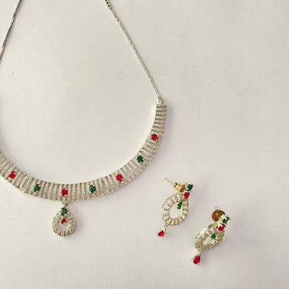 Silver Plated Emerald & Ruby Necklace Set