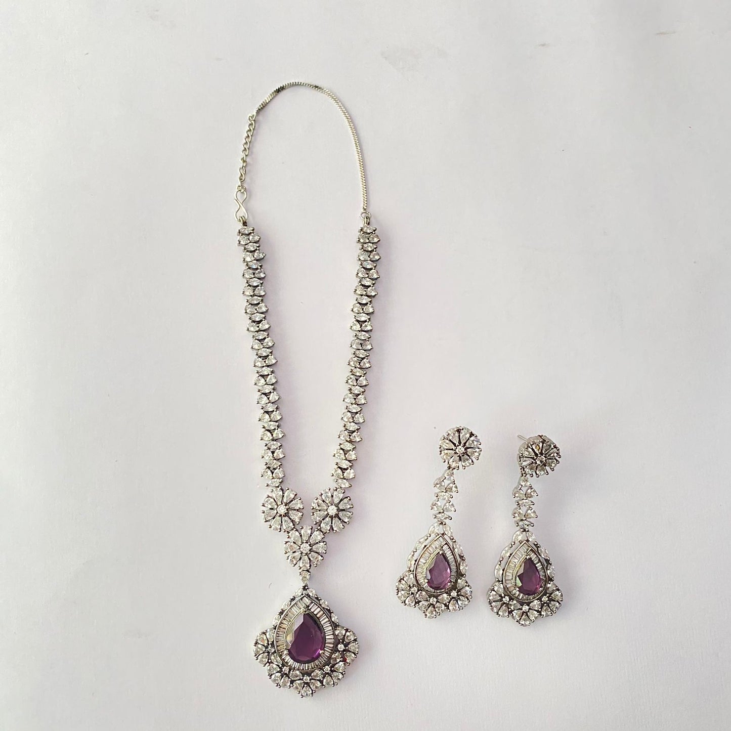 Amethyst Silver Plated Long Necklace Set