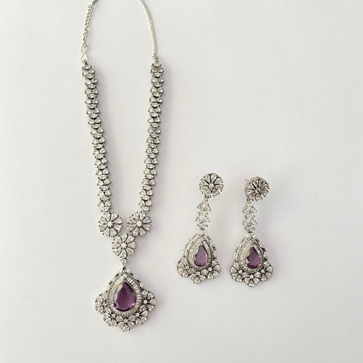 Amethyst Silver Plated Long Necklace Set