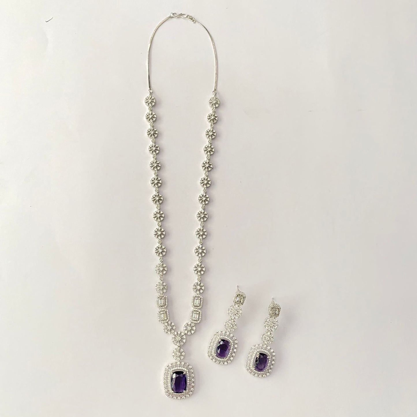 Silver Plated Long Purple Diamond Necklace Set