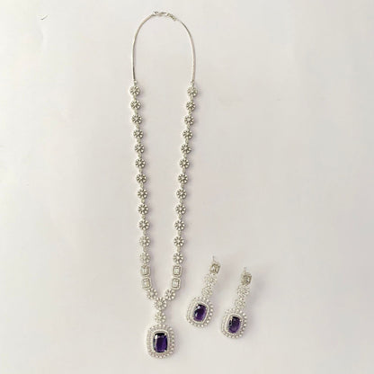 Silver Plated Long Purple Diamond Necklace Set