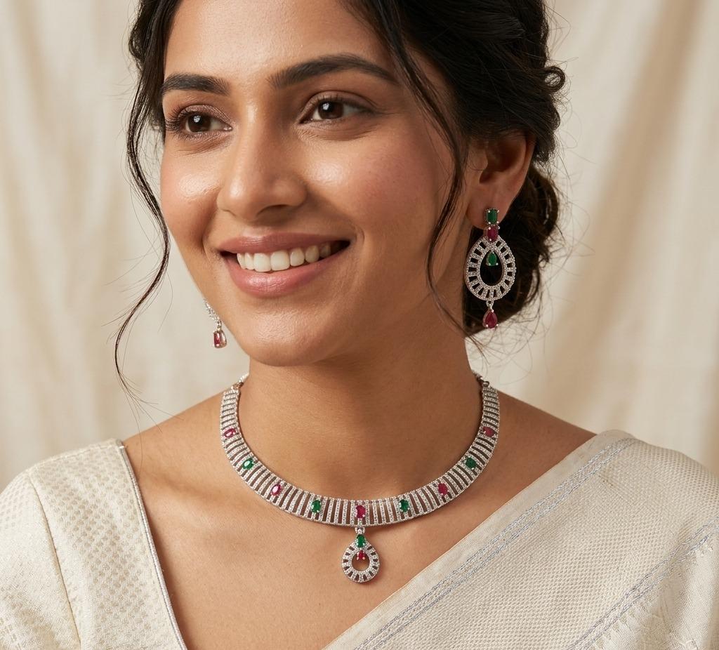 Silver Plated Emerald & Ruby Necklace Set