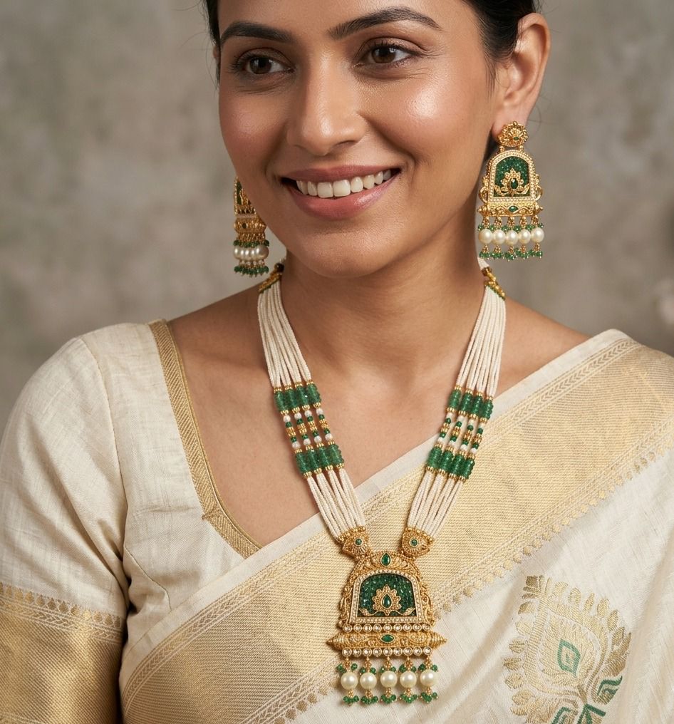 Emerald Gold Plated Long Necklace Set