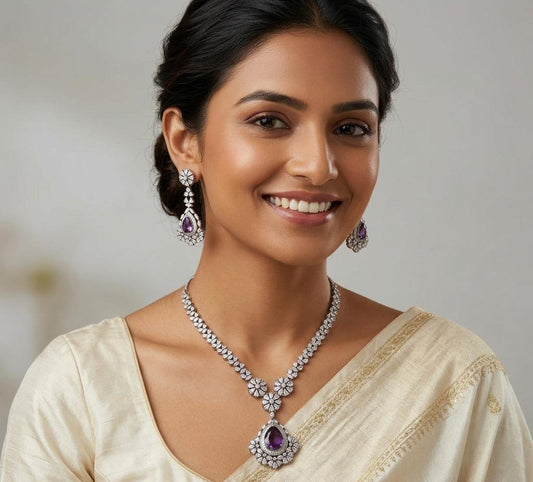 Amethyst Silver Plated Long Necklace Set