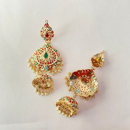 Jadau Gold Plated Multi Color Jhumka Design Big Earring