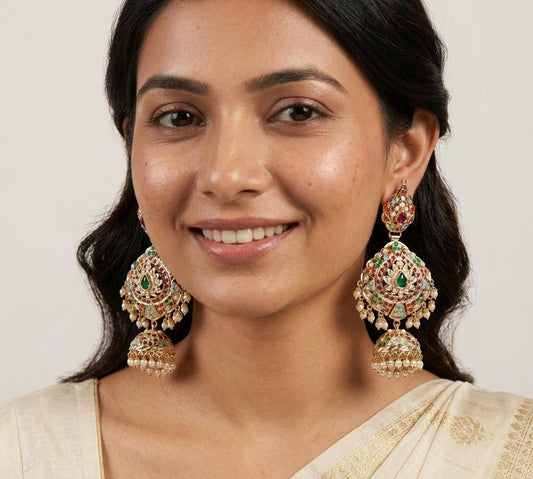 Jadau Gold Plated Multi Color Jhumka Design Big Earring