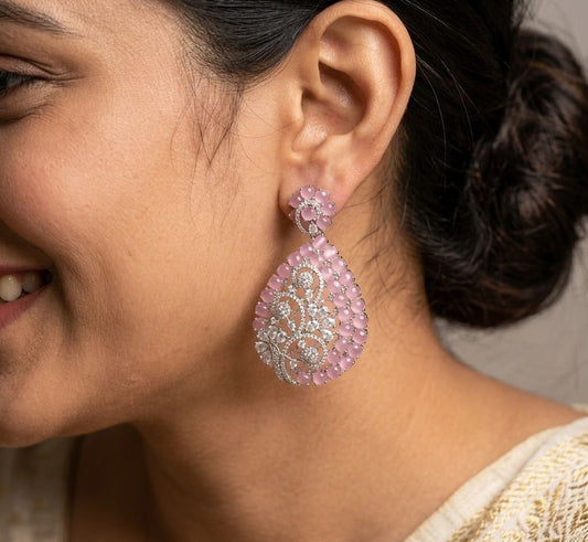 Pink Stone Silver Plated Earring