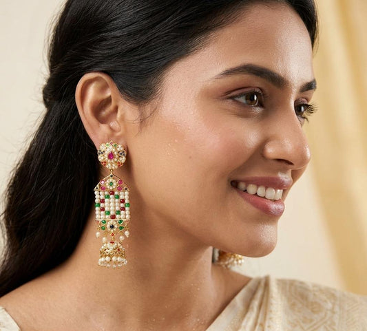 Jadau Multi Gold Plated Hanging Earring