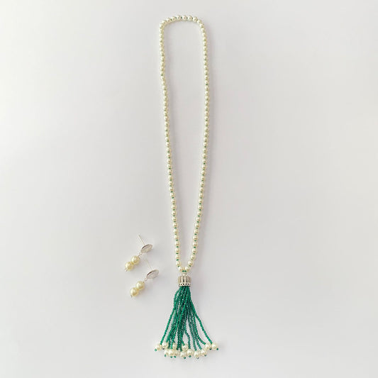 Green White Pearl Long Necklace Set