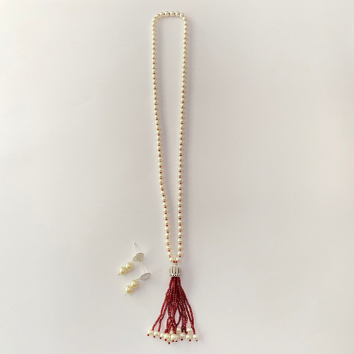 White Pearl Ruby Long Necklace Set